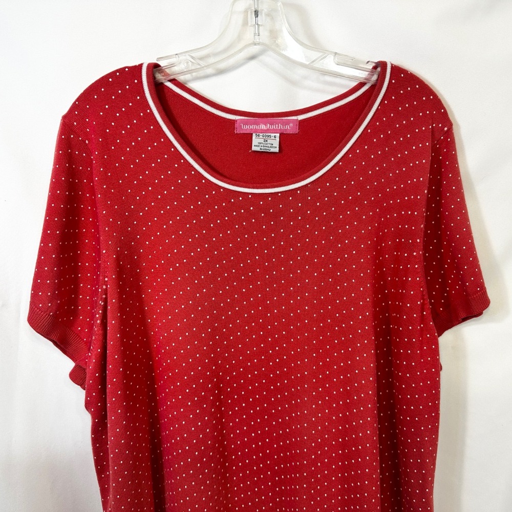 WoWoman Within Plus Size 3X Top Red White Polka Dot Cotton Short Sleeve 1833 - Picture 3 of 7
